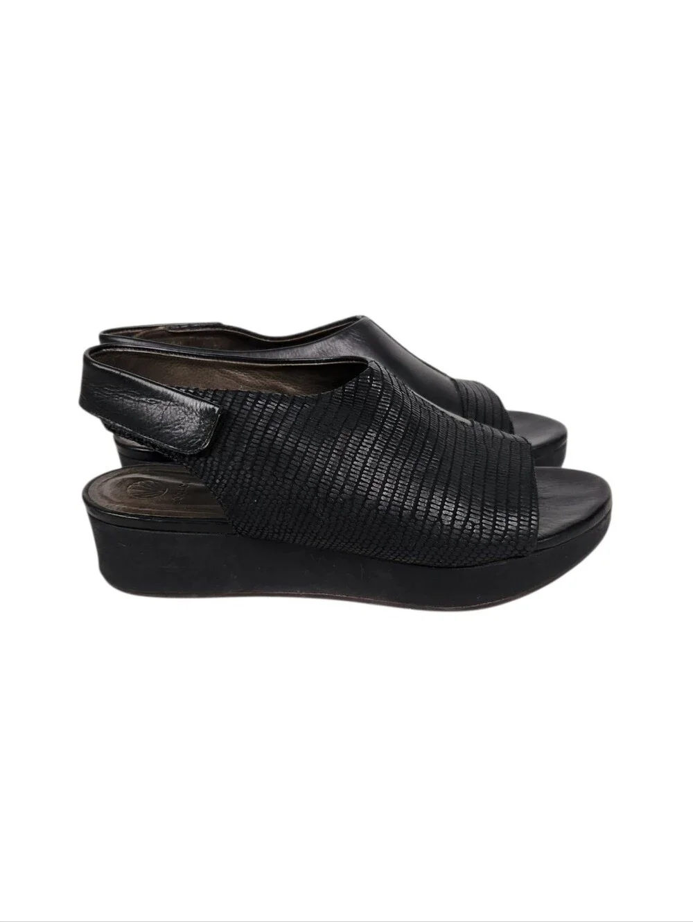 Coclico Black Leather Snakeskin Emboss Slingback Platform Sandal Womens Size 8.5